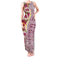 Hawaiian Plumeria Lei Tank Maxi Dress Kakau Motifs and Palaka Half Style Pink Color - Polynesian Pride