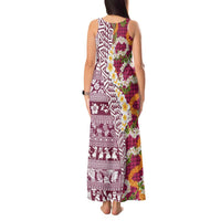 Hawaiian Plumeria Lei Tank Maxi Dress Kakau Motifs and Palaka Half Style Pink Color - Polynesian Pride