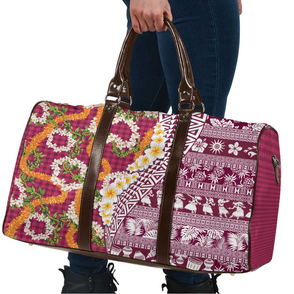 Hawaiian Plumeria Lei Travel Bag Kakau Motifs and Palaka Half Style Pink Color - Polynesian Pride
