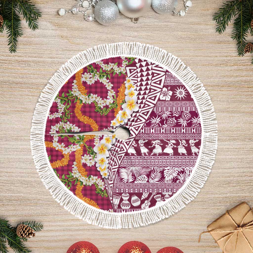 Hawaiian Plumeria Lei Tree Skirt Kakau Motifs and Palaka Half Style Pink Color - Polynesian Pride