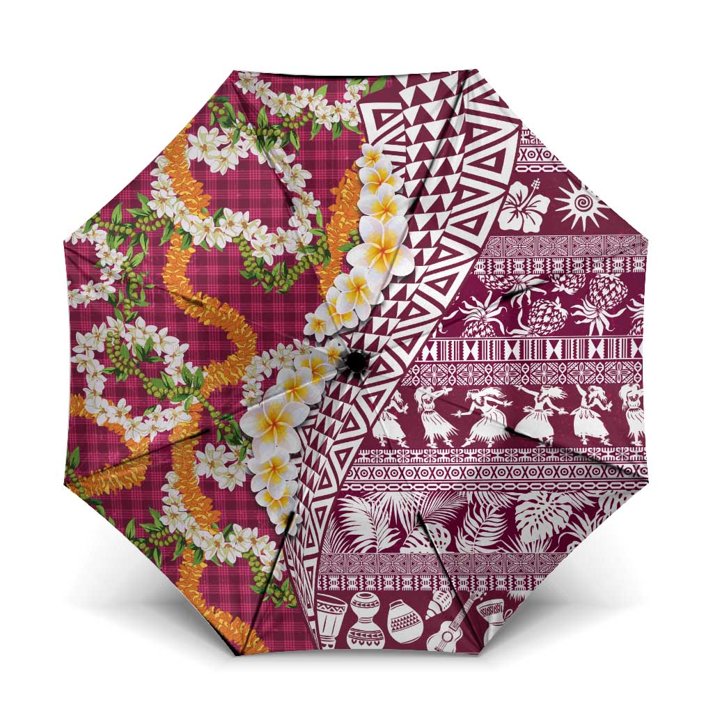 Hawaiian Plumeria Lei Umbrella Kakau Motifs and Palaka Half Style Pink Color - Polynesian Pride