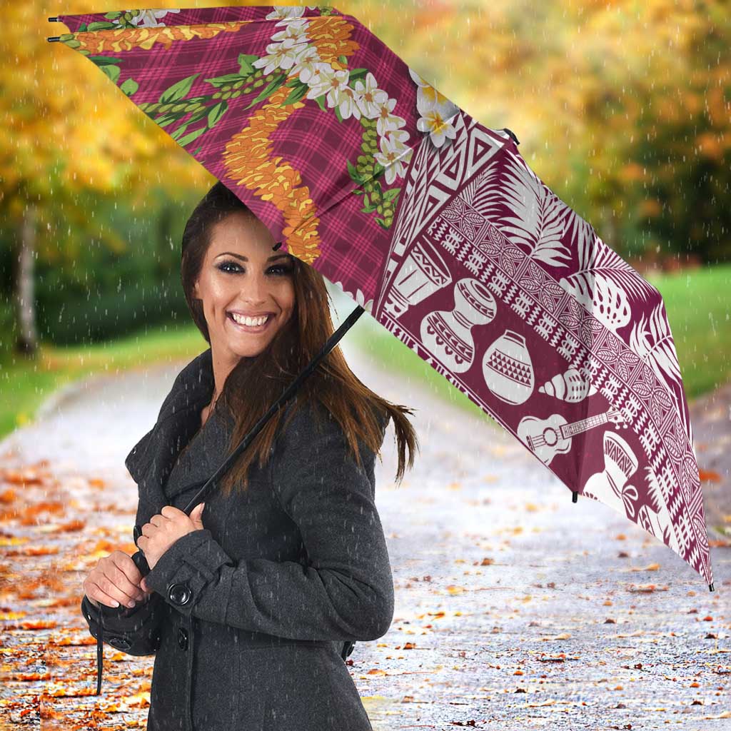 Hawaiian Plumeria Lei Umbrella Kakau Motifs and Palaka Half Style Pink Color - Polynesian Pride