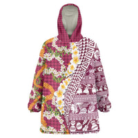 Hawaiian Plumeria Lei Wearable Blanket Hoodie Kakau Motifs and Palaka Half Style Pink Color - Polynesian Pride