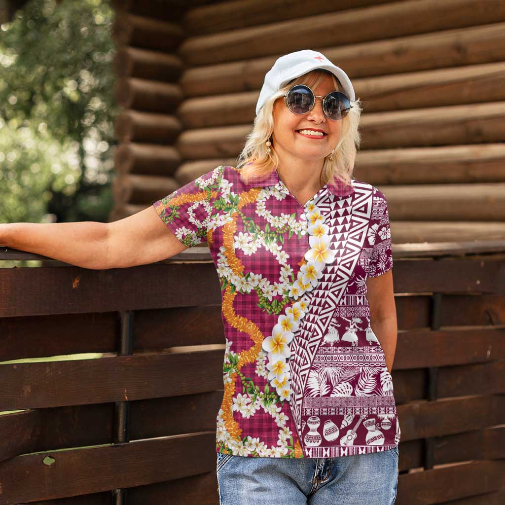 Hawaiian Plumeria Lei Women Polo Shirt Kakau Motifs and Palaka Half Style Pink Color - Polynesian Pride