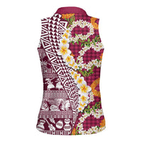 Hawaiian Plumeria Lei Women Sleeveless Polo Shirt Kakau Motifs and Palaka Half Style Pink Color - Polynesian Pride