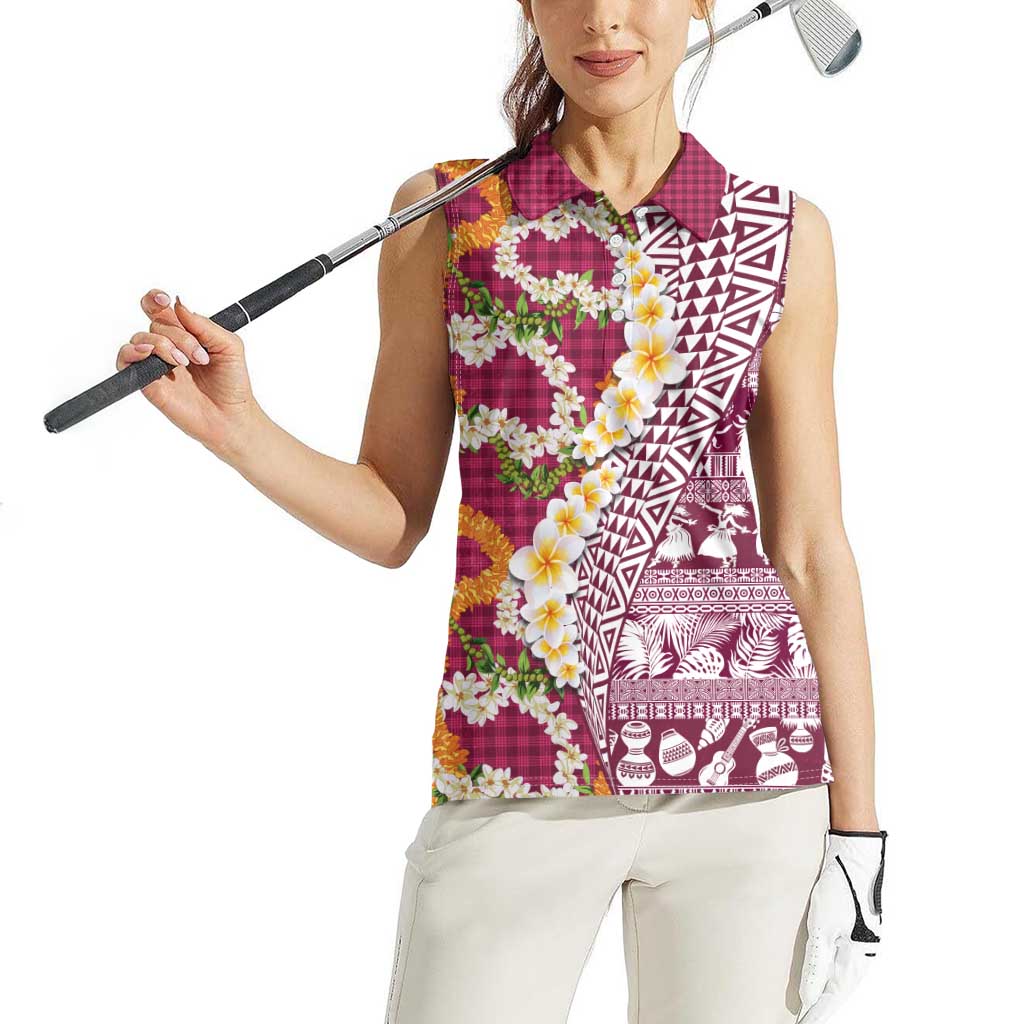 Hawaiian Plumeria Lei Women Sleeveless Polo Shirt Kakau Motifs and Palaka Half Style Pink Color - Polynesian Pride