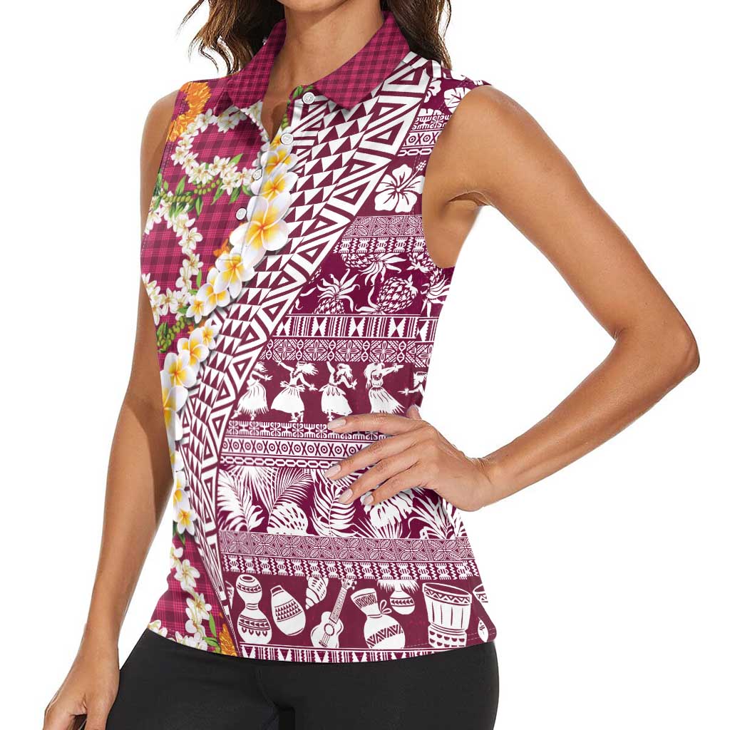 Hawaiian Plumeria Lei Women Sleeveless Polo Shirt Kakau Motifs and Palaka Half Style Pink Color - Polynesian Pride