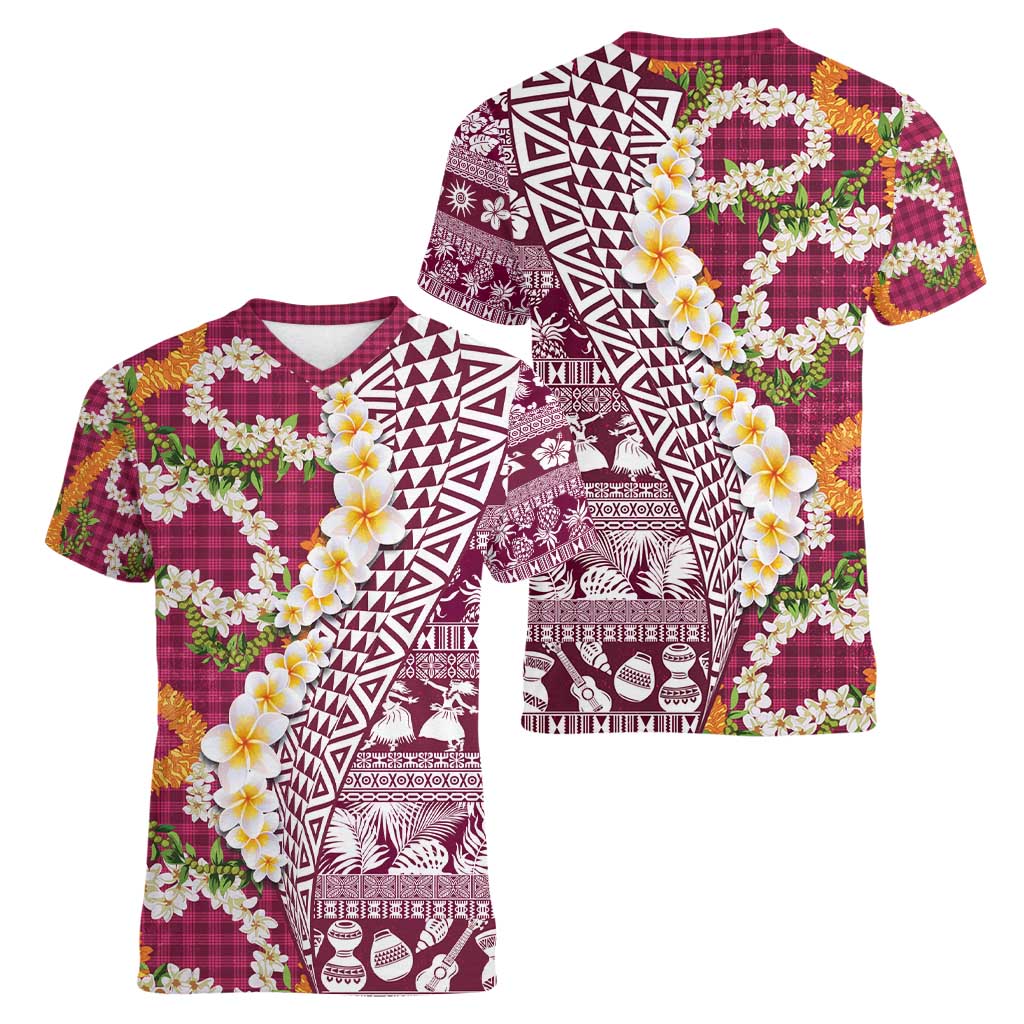 Hawaiian Plumeria Lei Women V-Neck T-Shirt Kakau Motifs and Palaka Half Style Pink Color - Polynesian Pride