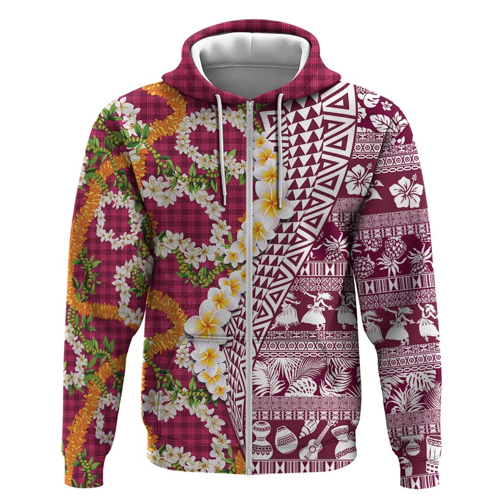 Hawaiian Plumeria Lei Zip Hoodie Kakau Motifs and Palaka Half Style Pink Color - Polynesian Pride