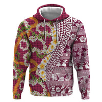 Hawaiian Plumeria Lei Zip Hoodie Kakau Motifs and Palaka Half Style Pink Color - Polynesian Pride