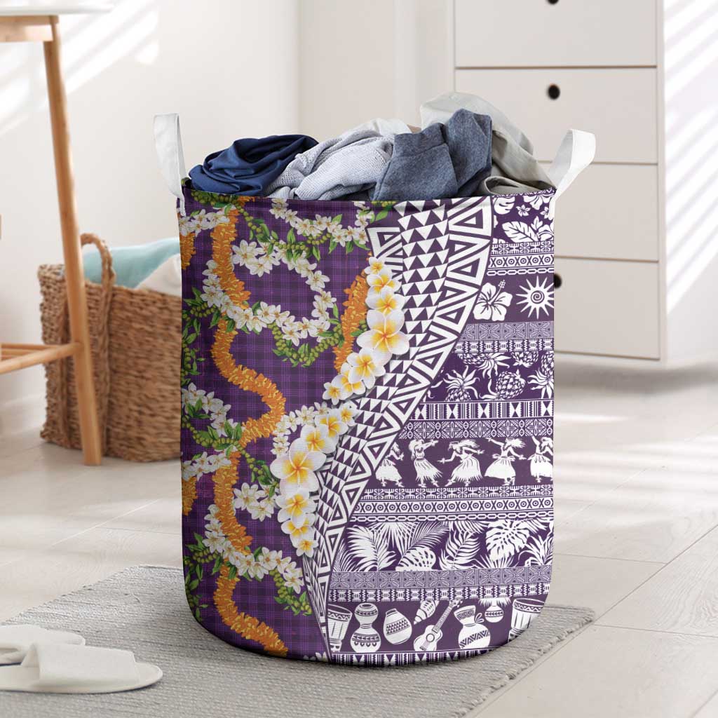 Hawaiian Plumeria Lei Laundry Basket Kakau Motifs and Palaka Half Style Purple Color - Polynesian Pride