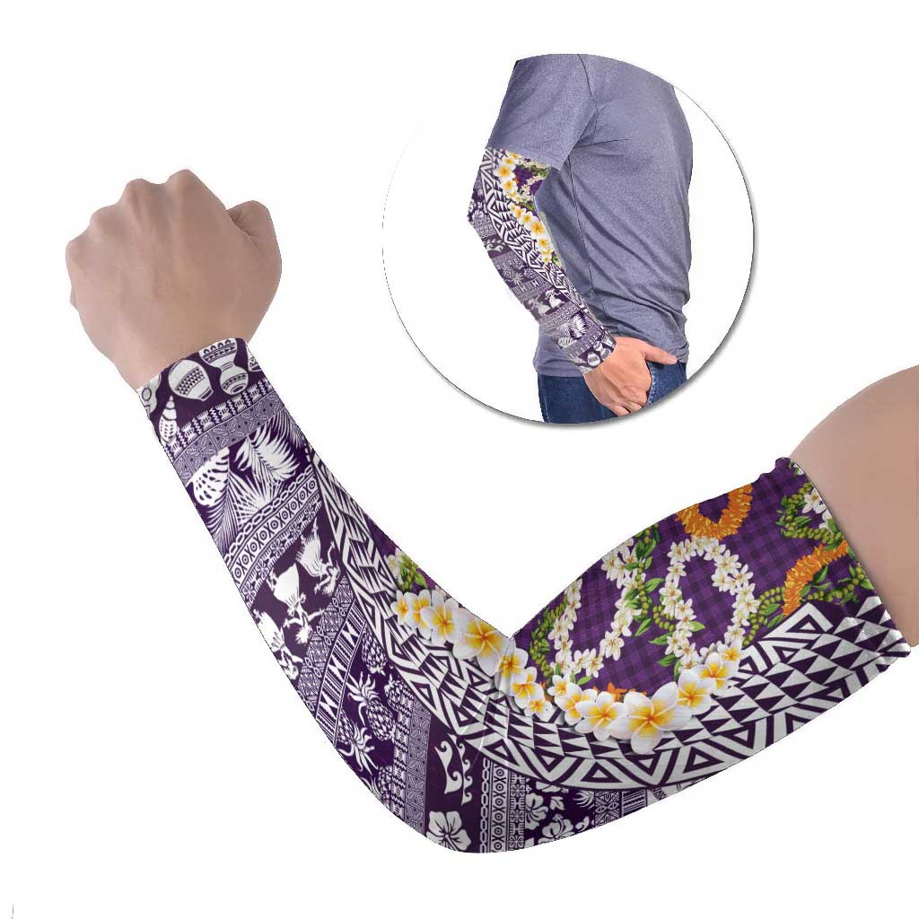 Hawaiian Plumeria Lei Arm Sleeves Kakau Motifs and Palaka Half Style Purple Color - Polynesian Pride