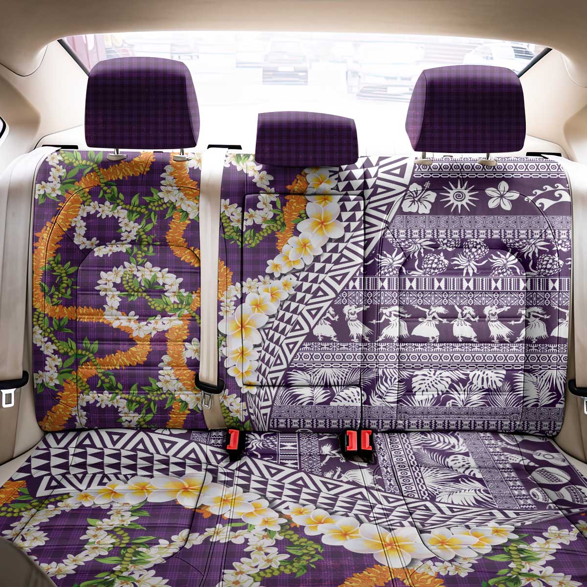 Hawaiian Plumeria Lei Back Car Seat Cover Kakau Motifs and Palaka Half Style Purple Color - Polynesian Pride