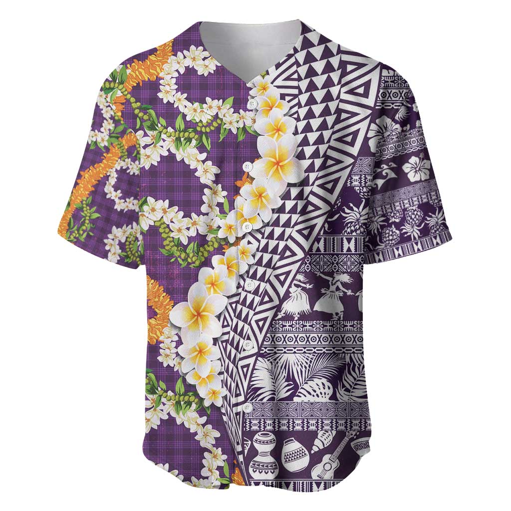Hawaiian Plumeria Lei Baseball Jersey Kakau Motifs and Palaka Half Style Purple Color - Polynesian Pride