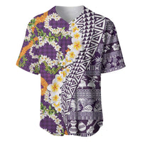Hawaiian Plumeria Lei Baseball Jersey Kakau Motifs and Palaka Half Style Purple Color - Polynesian Pride