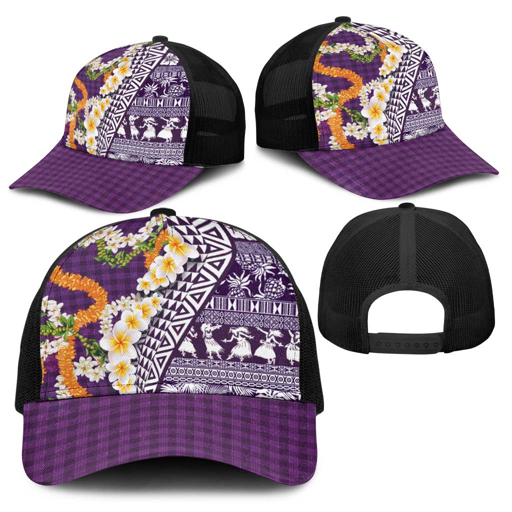 Hawaiian Plumeria Lei Baseball Net Cap Kakau Motifs and Palaka Half Style Purple Color - Polynesian Pride