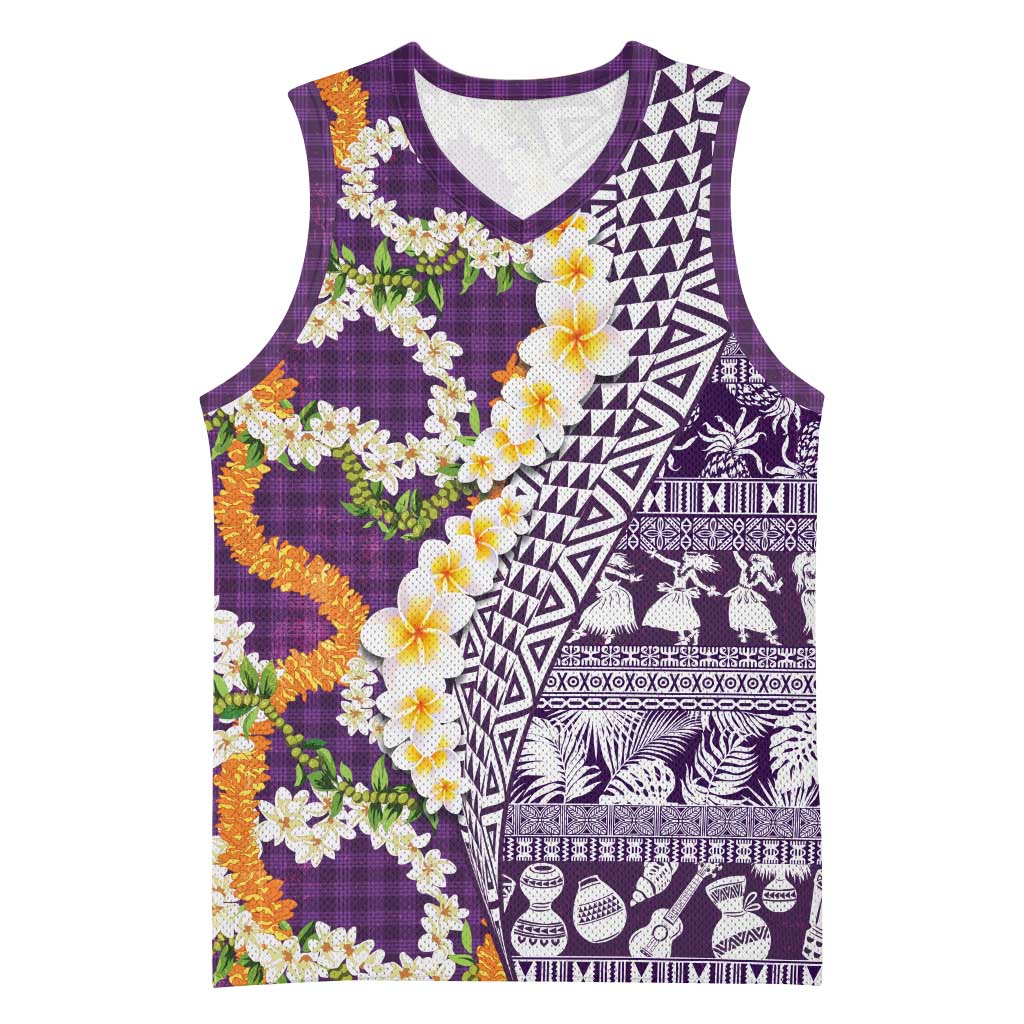 Hawaiian Plumeria Lei Basketball Jersey Kakau Motifs and Palaka Half Style Purple Color - Polynesian Pride