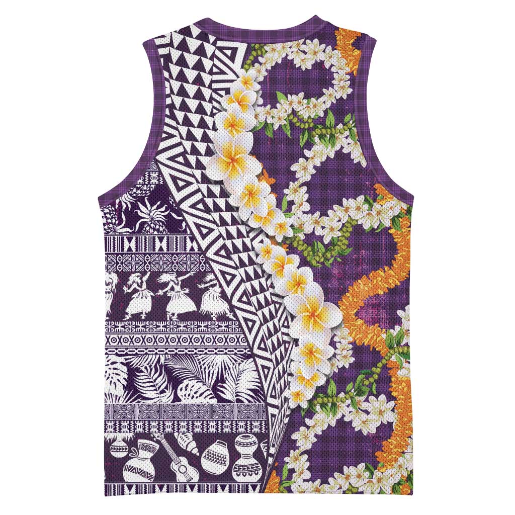 Hawaiian Plumeria Lei Basketball Jersey Kakau Motifs and Palaka Half Style Purple Color - Polynesian Pride