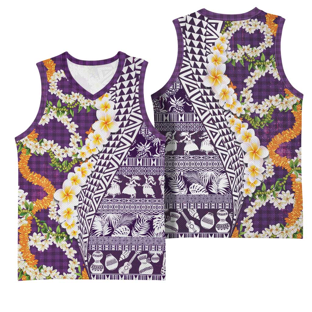 Hawaiian Plumeria Lei Basketball Jersey Kakau Motifs and Palaka Half Style Purple Color - Polynesian Pride