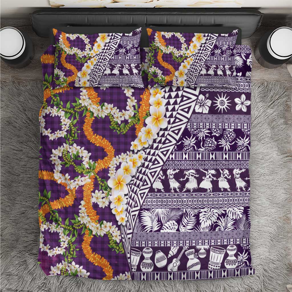 Hawaiian Plumeria Lei Bedding Set Kakau Motifs and Palaka Half Style Purple Color - Polynesian Pride