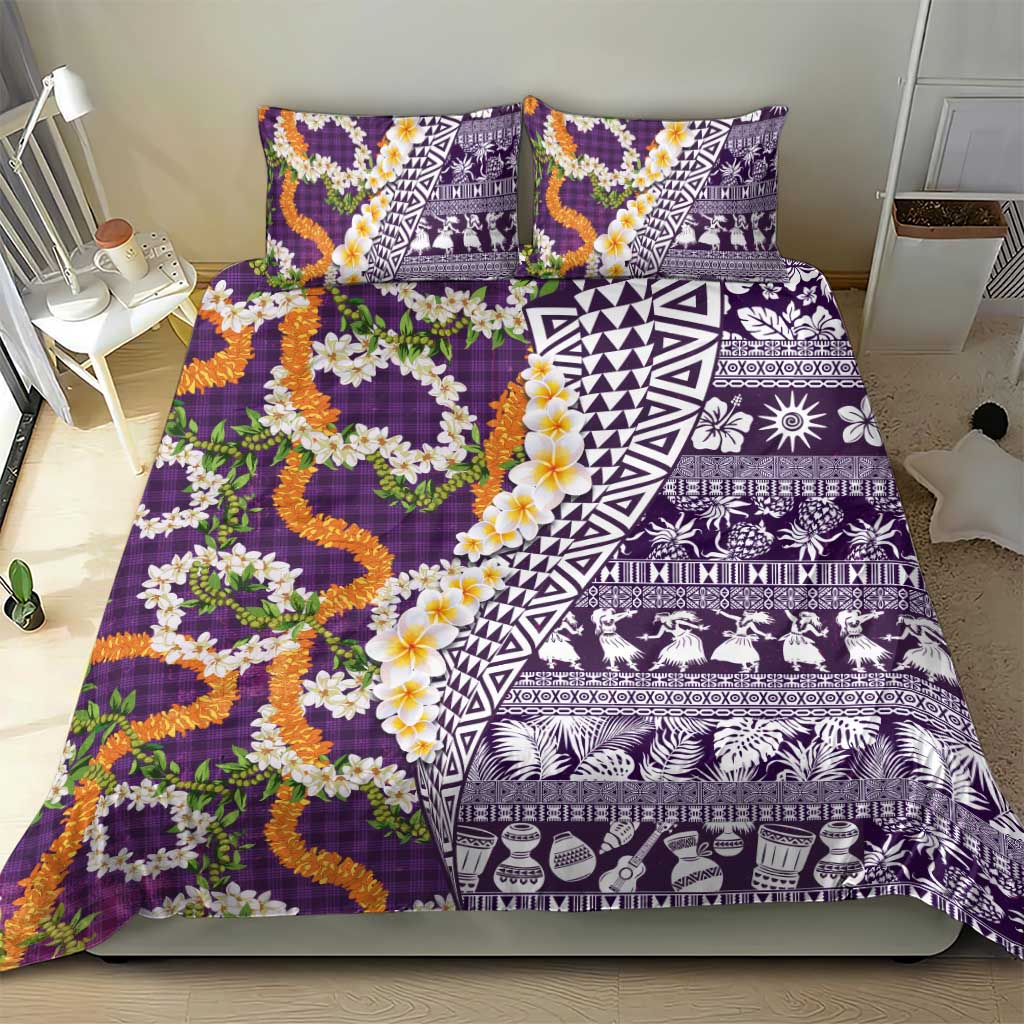 Hawaiian Plumeria Lei Bedding Set Kakau Motifs and Palaka Half Style Purple Color - Polynesian Pride