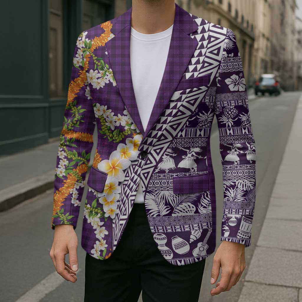 Hawaiian Plumeria Lei Blazer Kakau Motifs and Palaka Half Style Purple Color - Polynesian Pride