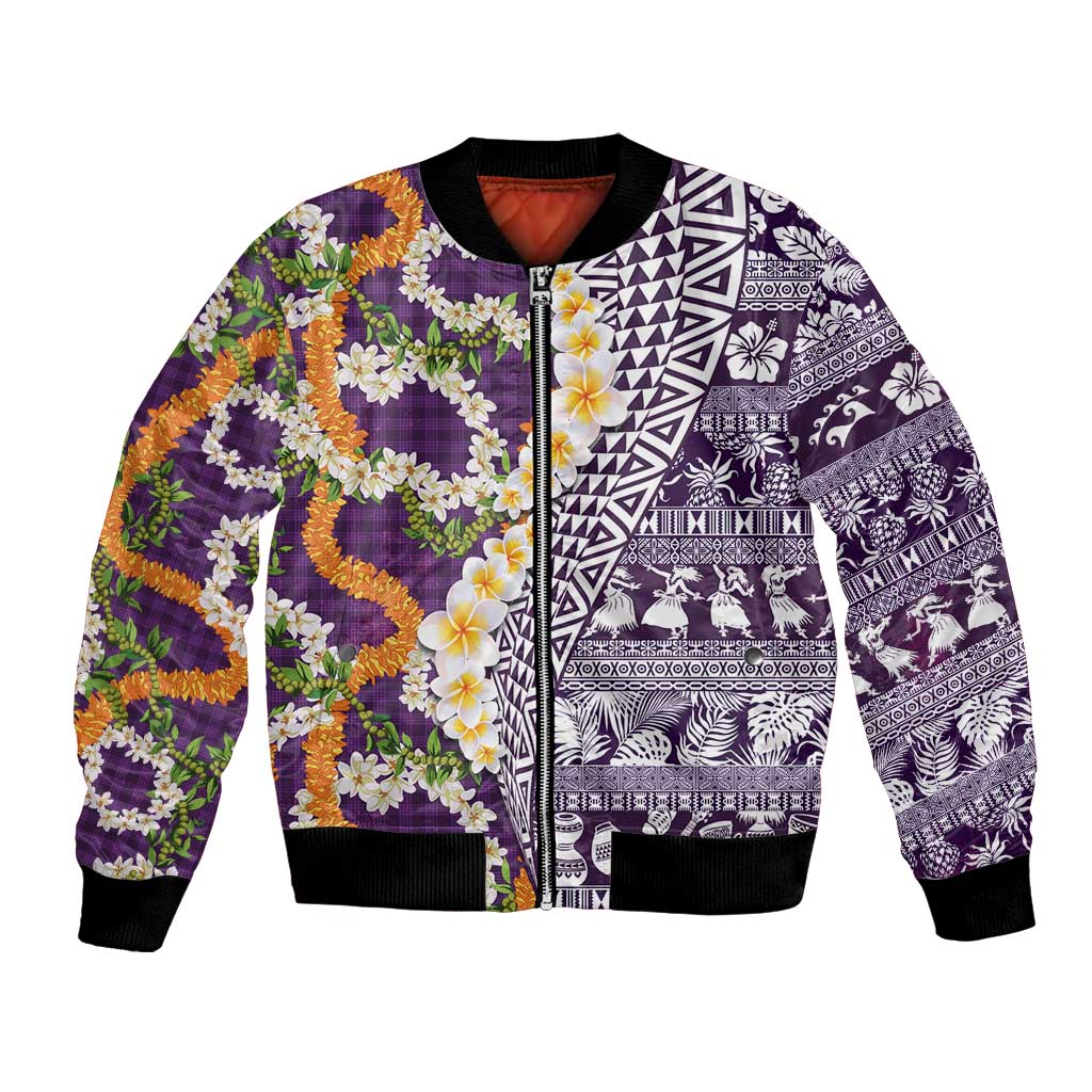 Hawaiian Plumeria Lei Bomber Jacket Kakau Motifs and Palaka Half Style Purple Color - Polynesian Pride