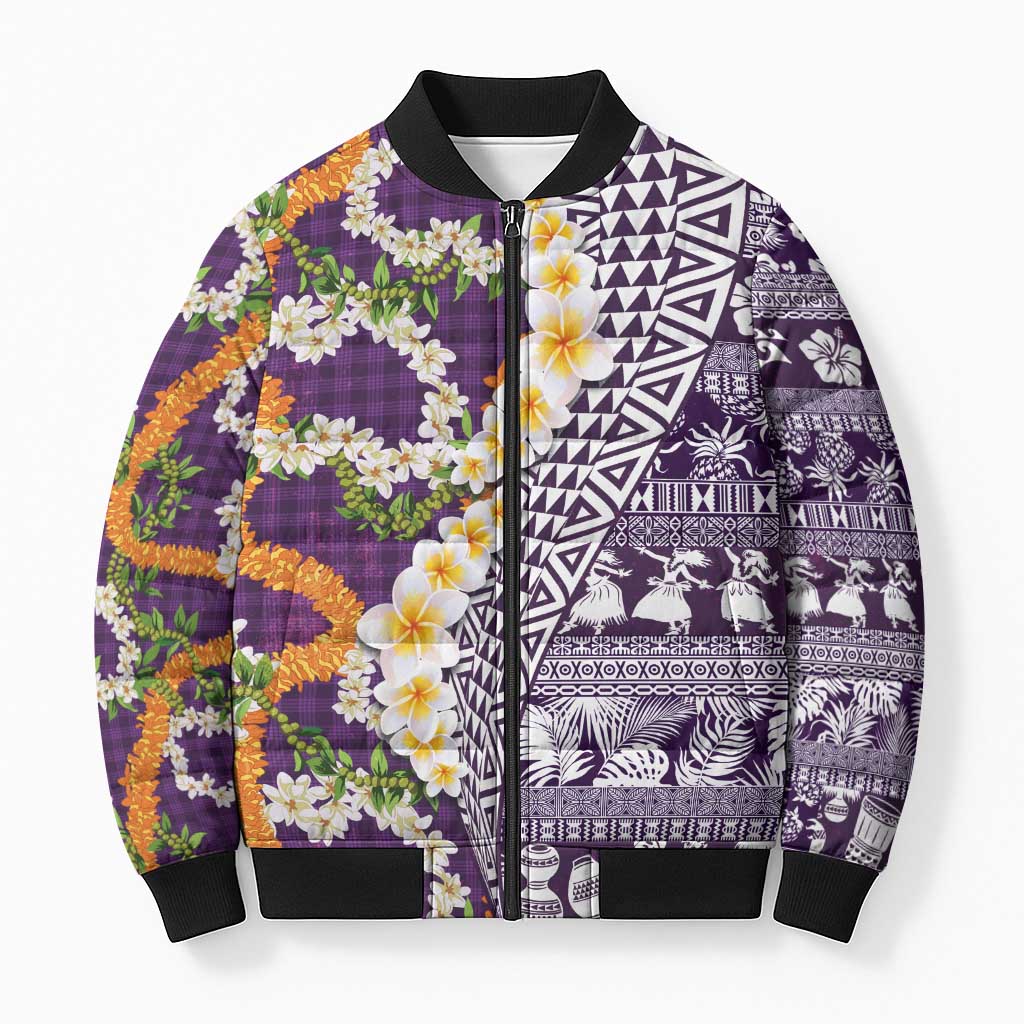 Hawaiian Plumeria Lei Bomber Puffer Jacket Kakau Motifs and Palaka Half Style Purple Color - Polynesian Pride