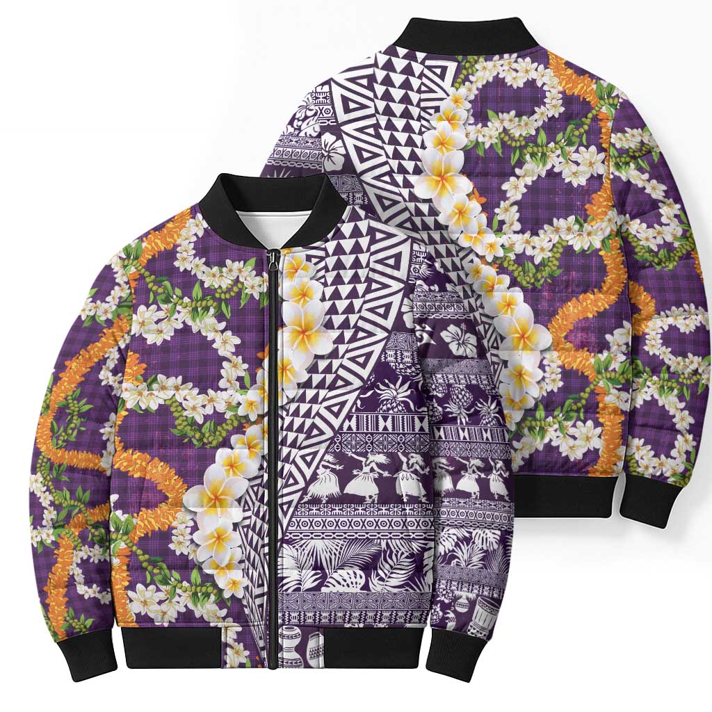 Hawaiian Plumeria Lei Bomber Puffer Jacket Kakau Motifs and Palaka Half Style Purple Color - Polynesian Pride