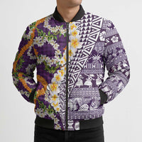 Hawaiian Plumeria Lei Bomber Puffer Jacket Kakau Motifs and Palaka Half Style Purple Color - Polynesian Pride