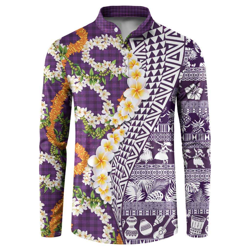 Hawaiian Plumeria Lei Button Sweatshirt Kakau Motifs and Palaka Half Style Purple Color - Polynesian Pride