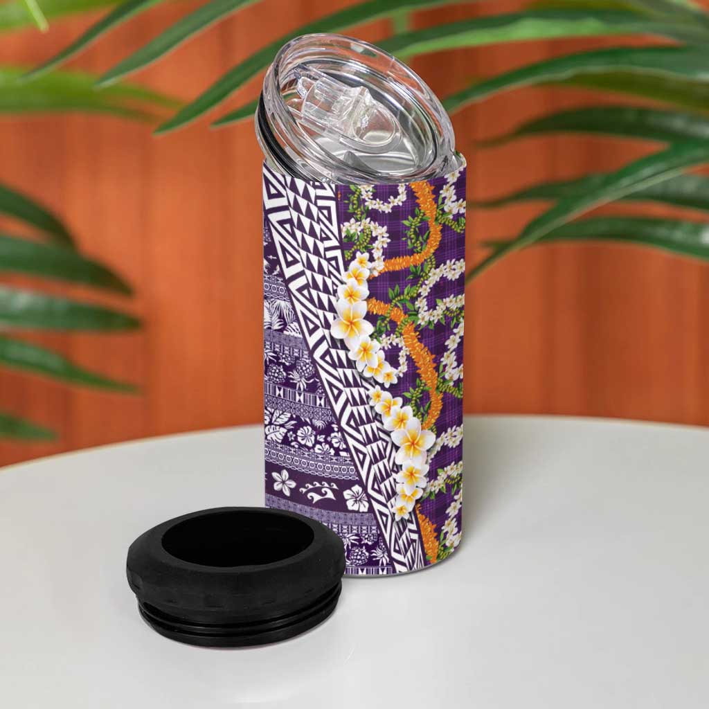 Hawaiian Plumeria Lei 4 in 1 Can Cooler Tumbler Kakau Motifs and Palaka Half Style Purple Color - Polynesian Pride