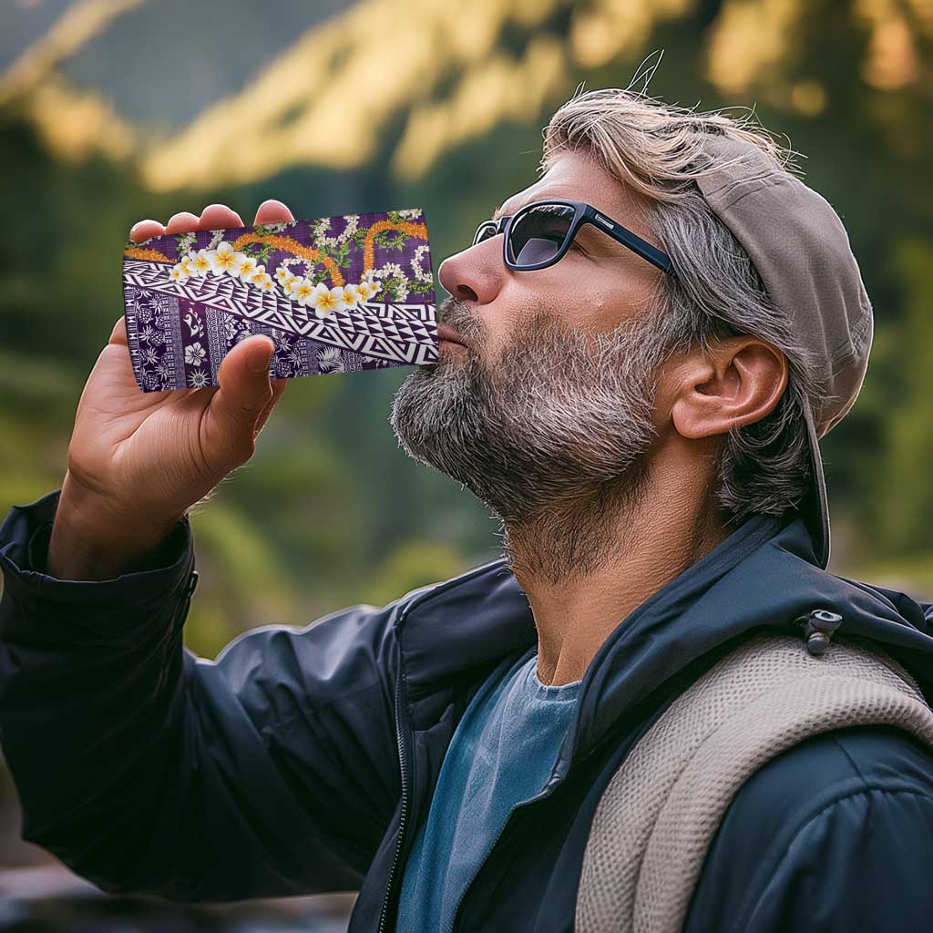 Hawaiian Plumeria Lei 4 in 1 Can Cooler Tumbler Kakau Motifs and Palaka Half Style Purple Color - Polynesian Pride