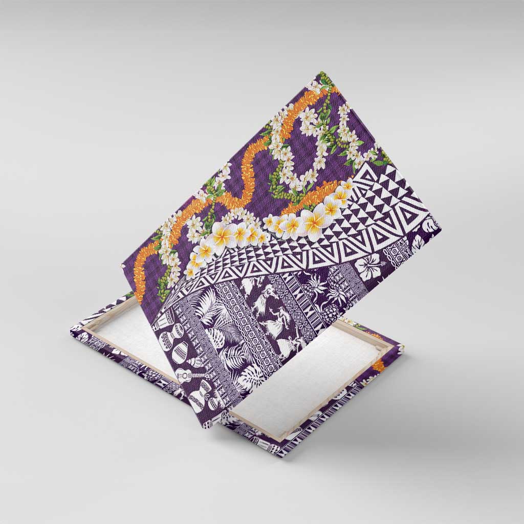Hawaiian Plumeria Lei Canvas Wall Art Kakau Motifs and Palaka Half Style Purple Color - Polynesian Pride