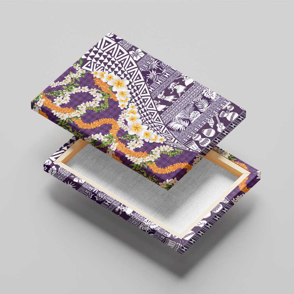 Hawaiian Plumeria Lei Canvas Wall Art Kakau Motifs and Palaka Half Style Purple Color - Polynesian Pride