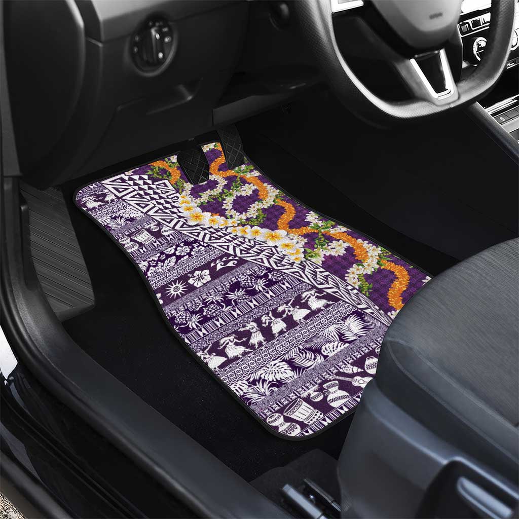 Hawaiian Plumeria Lei Car Mats Kakau Motifs and Palaka Half Style Purple Color - Polynesian Pride
