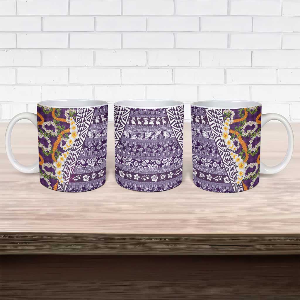 Hawaiian Plumeria Lei Ceramic Mug Kakau Motifs and Palaka Half Style Purple Color - Polynesian Pride