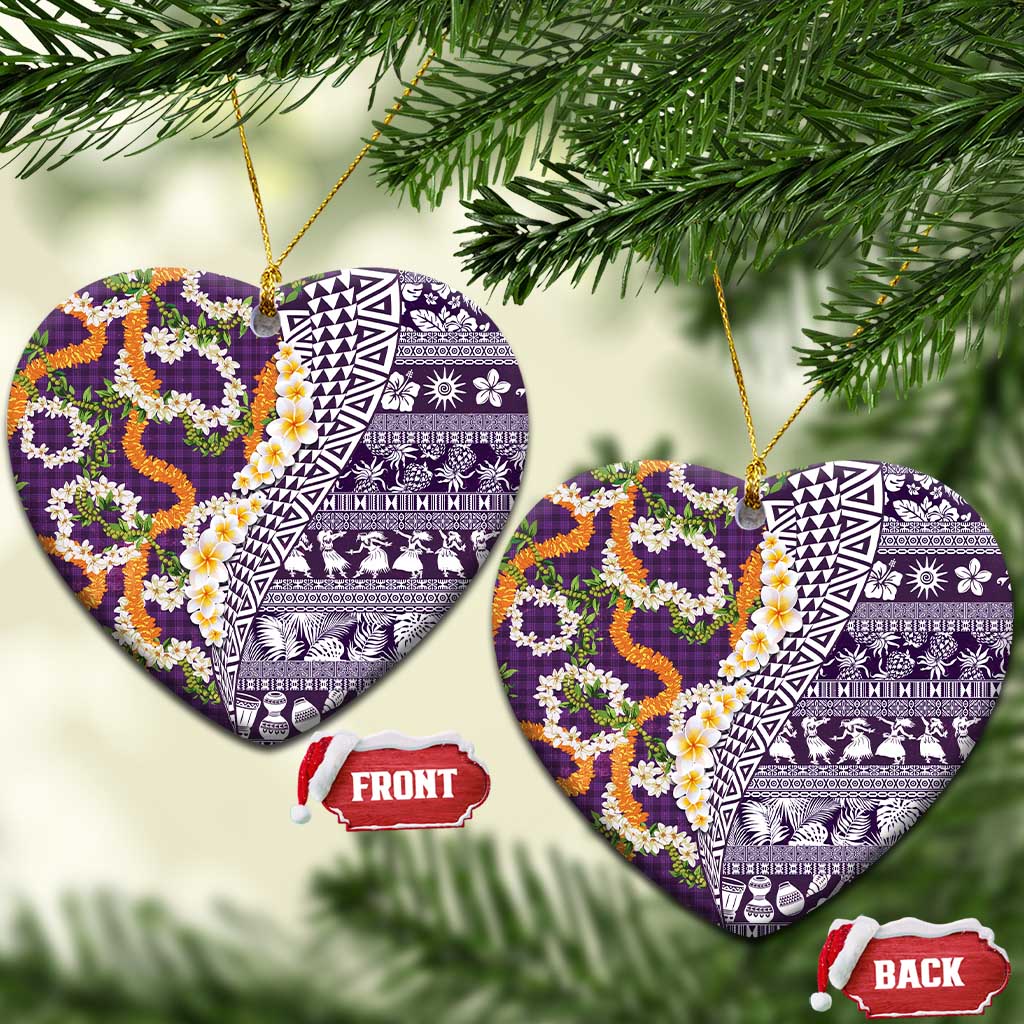 Hawaiian Plumeria Lei Ceramic Ornament Kakau Motifs and Palaka Half Style Purple Color - Polynesian Pride