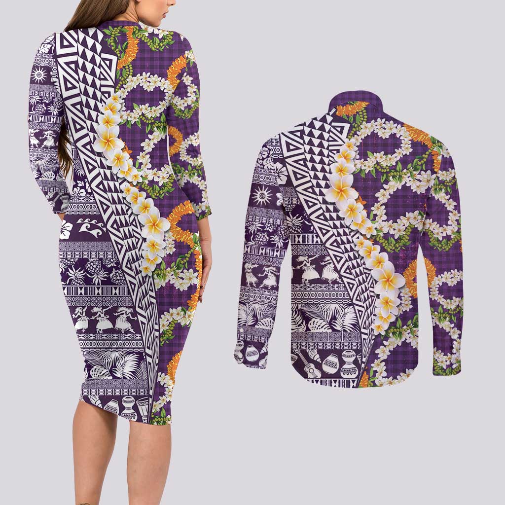 Hawaiian Plumeria Lei Couples Matching Long Sleeve Bodycon Dress and Long Sleeve Button Shirt Kakau Motifs and Palaka Half Style Purple Color - Polynesian Pride