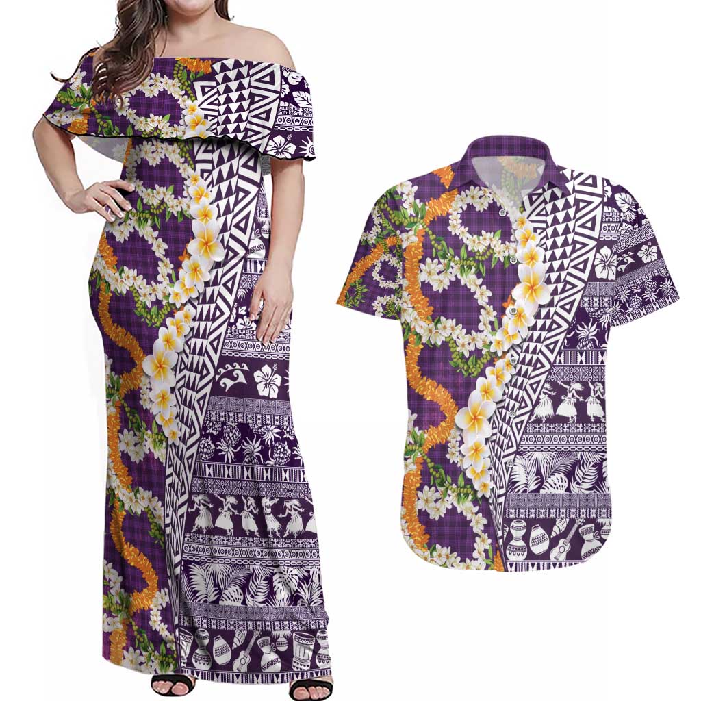 Hawaiian Plumeria Lei Couples Matching Off Shoulder Maxi Dress and Hawaiian Shirt Kakau Motifs and Palaka Half Style Purple Color - Polynesian Pride