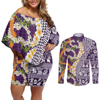 Hawaiian Plumeria Lei Couples Matching Off Shoulder Short Dress and Long Sleeve Button Shirt Kakau Motifs and Palaka Half Style Purple Color - Polynesian Pride