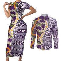 Hawaiian Plumeria Lei Couples Matching Short Sleeve Bodycon Dress and Long Sleeve Button Shirt Kakau Motifs and Palaka Half Style Purple Color - Polynesian Pride