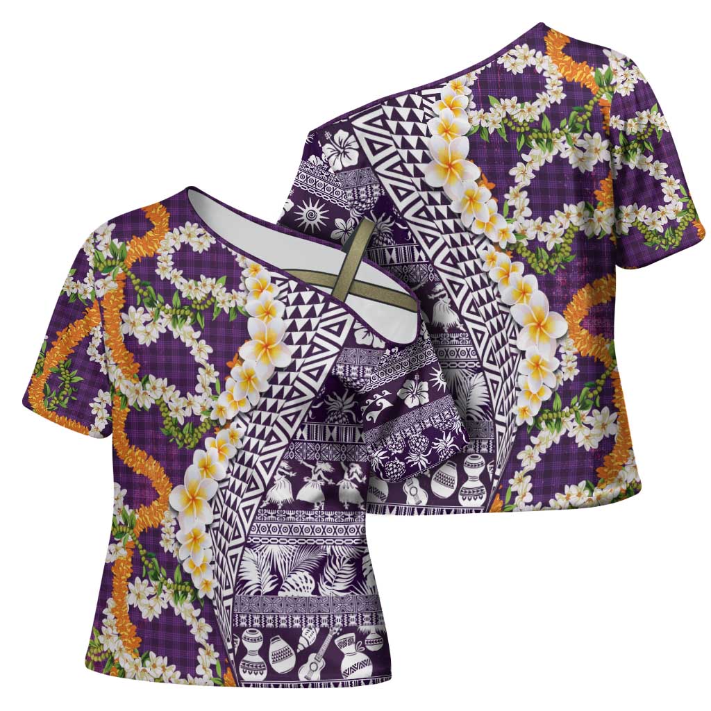 Hawaiian Plumeria Lei Cross Shoulder Shirt Kakau Motifs and Palaka Half Style Purple Color - Polynesian Pride