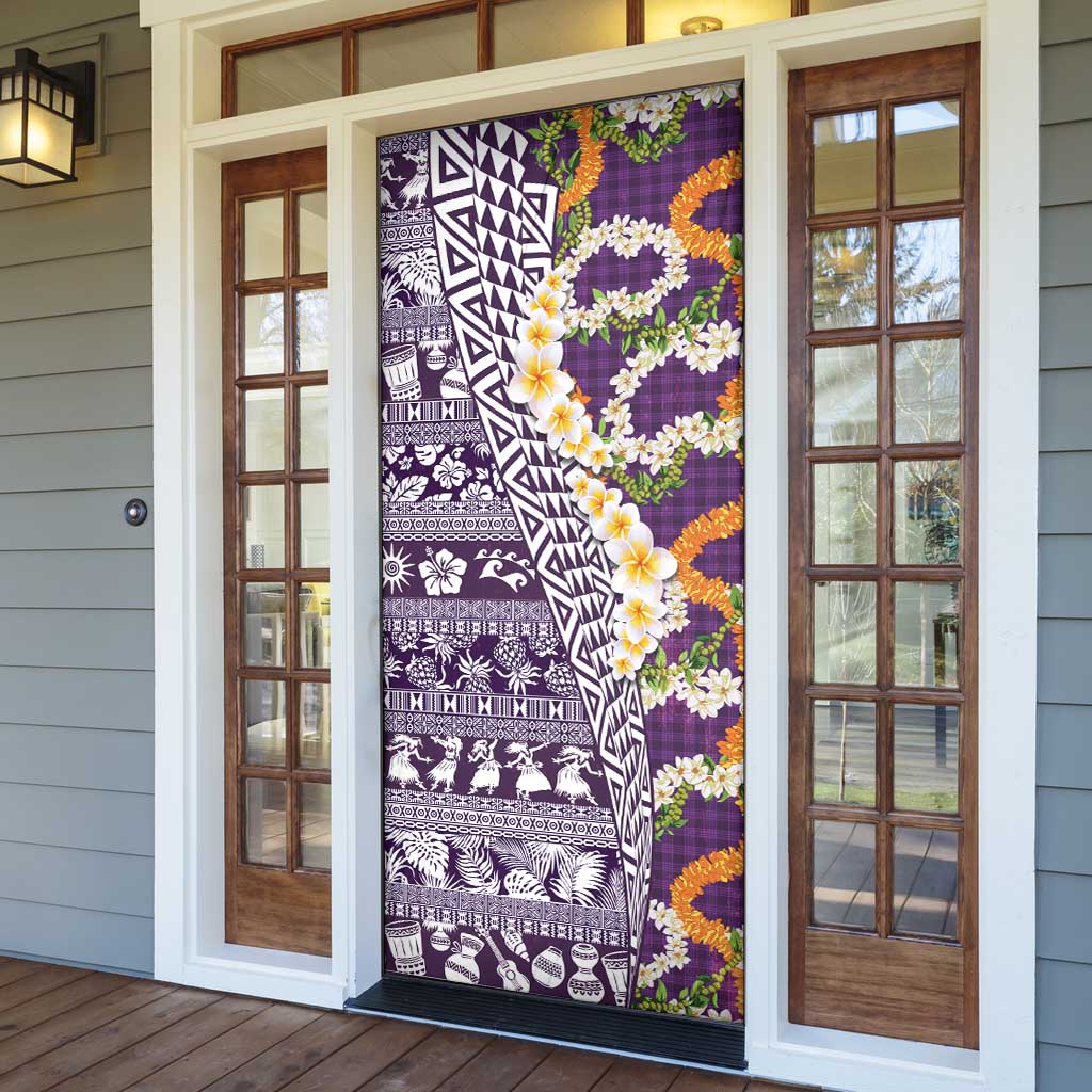 Hawaiian Plumeria Lei Door Cover Kakau Motifs and Palaka Half Style Purple Color - Polynesian Pride
