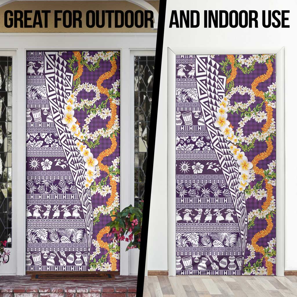 Hawaiian Plumeria Lei Door Cover Kakau Motifs and Palaka Half Style Purple Color - Polynesian Pride