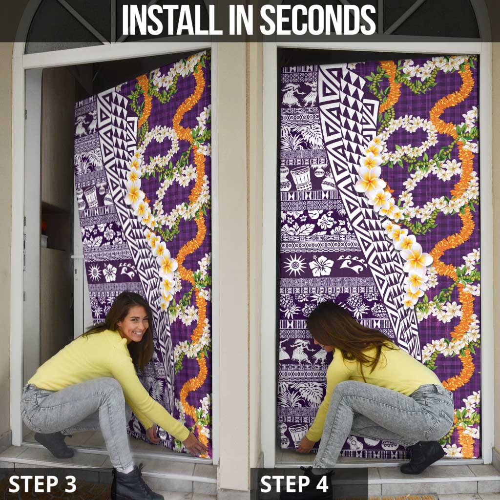 Hawaiian Plumeria Lei Door Cover Kakau Motifs and Palaka Half Style Purple Color - Polynesian Pride