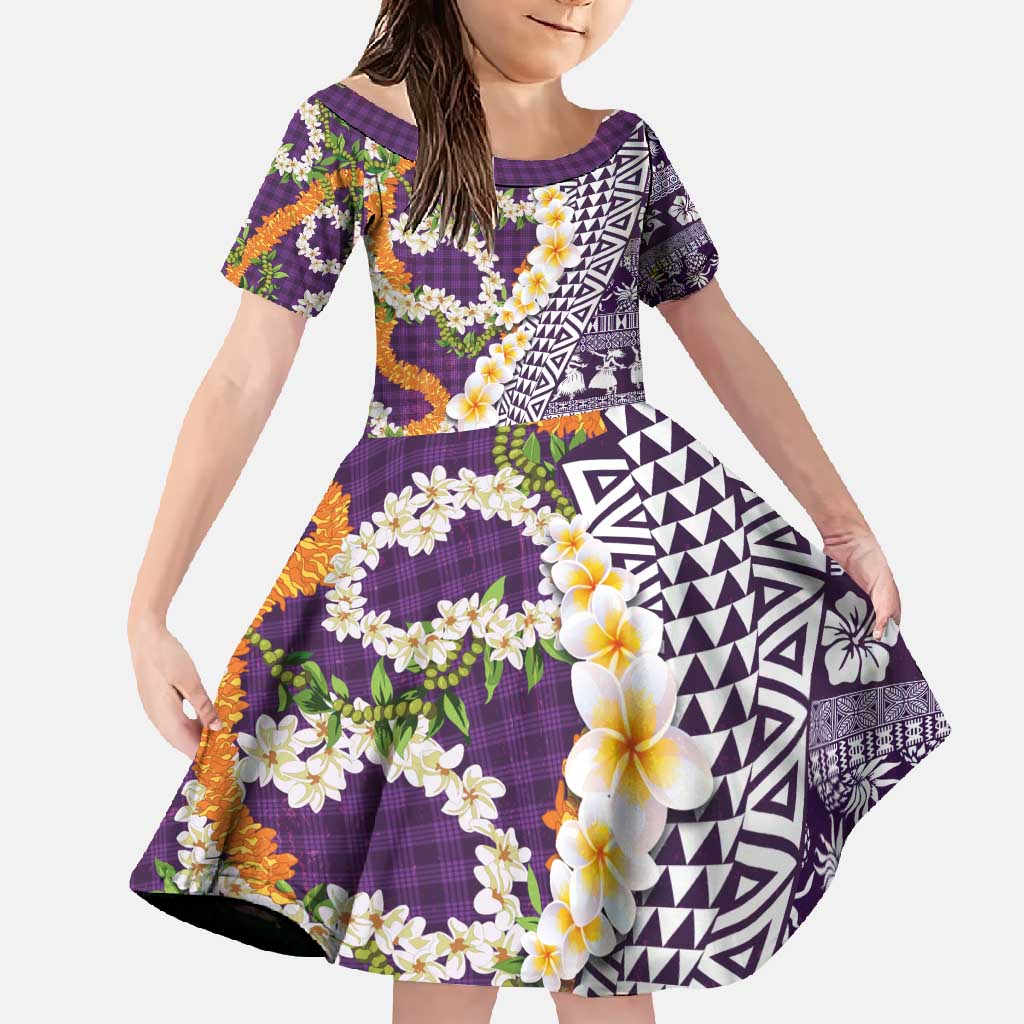 Hawaiian Plumeria Lei Family Matching Long Sleeve Bodycon Dress and Hawaiian Shirt Kakau Motifs and Palaka Half Style Purple Color - Polynesian Pride