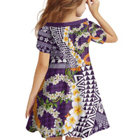 Hawaiian Plumeria Lei Family Matching Long Sleeve Bodycon Dress and Hawaiian Shirt Kakau Motifs and Palaka Half Style Purple Color - Polynesian Pride