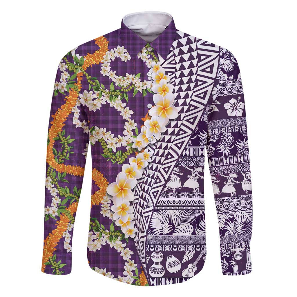 Hawaiian Plumeria Lei Family Matching Long Sleeve Bodycon Dress and Hawaiian Shirt Kakau Motifs and Palaka Half Style Purple Color - Polynesian Pride