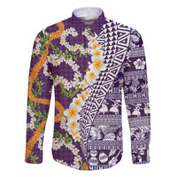 Hawaiian Plumeria Lei Family Matching Long Sleeve Bodycon Dress and Hawaiian Shirt Kakau Motifs and Palaka Half Style Purple Color - Polynesian Pride